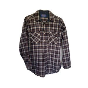 Vintage Pendleton Mens Blue/Brown/Tan Plaid Wool Button Down Shirt- Medium